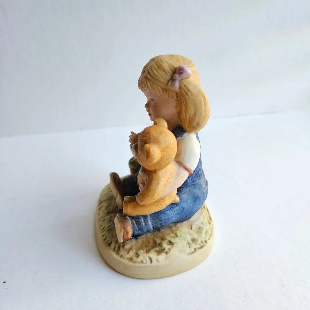 Vintage Homco Denim Days Figurine 1504 Girl with Teddy Bear and Flower Pot 1985